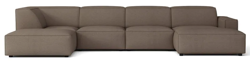 Großes U-förmiges modulares Ecksofa Sellmo mit Hocker, linksseitig, hellbrauner hydrophober Chenille-Stoff