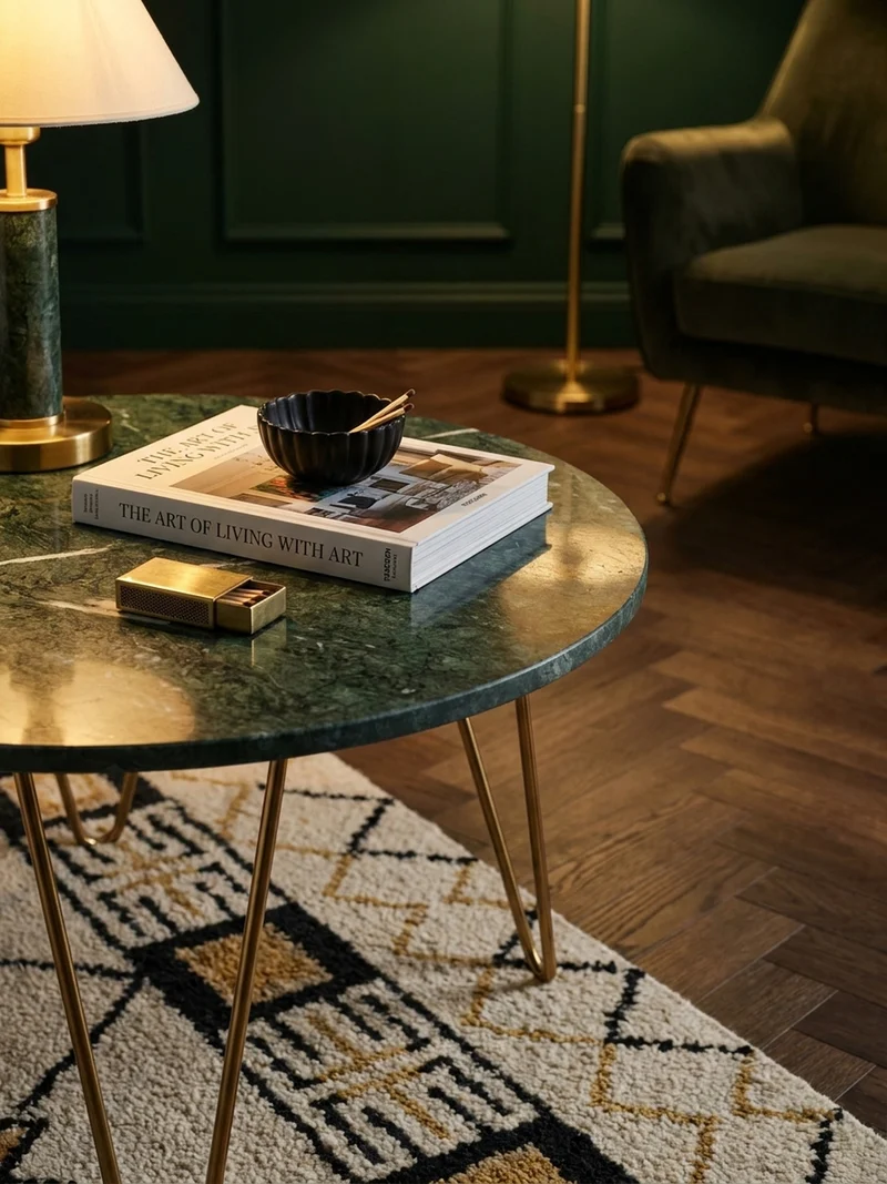 Couchtisch Grün Marmor Dreibein Design 70x70x35 cm, Rund Modern Gold Metall