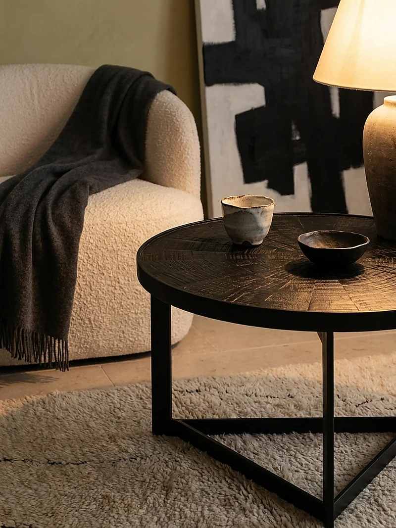 Couchtisch Schwarz Massivholz Mango Rund 58x58x40 cm Industrial Design