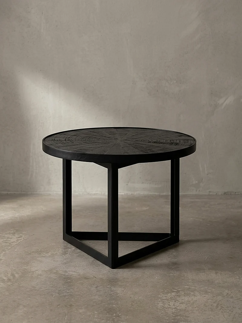 Couchtisch Schwarz Massivholz Mango Rund 58x58x40 cm Industrial Design
