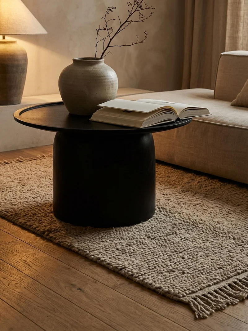 Couchtisch Rund Schwarz Mango Massivholz, 60x60x40 cm, Erhöhter Rand, Trommelgestell