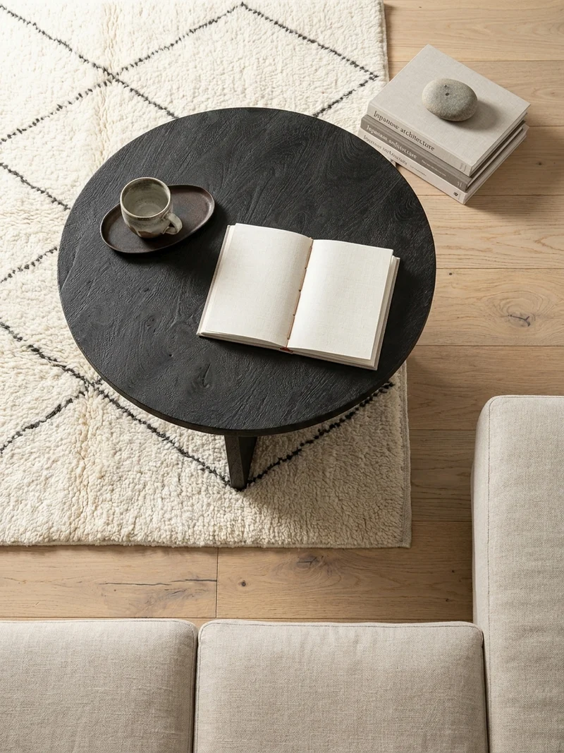 Couchtisch rund in Schwarz, aus Massivholz Mango, 60x60x33cm, Dreibein-Design, Niedrig, Modern, mit Naturholzmaserung