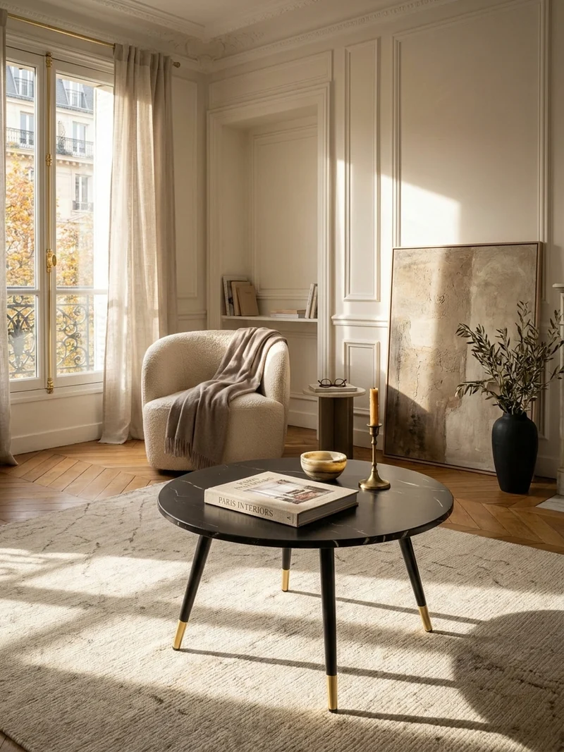 Couchtisch mit Marmor Optik, Modernes Design, Metall-Gestell, Runde Form
