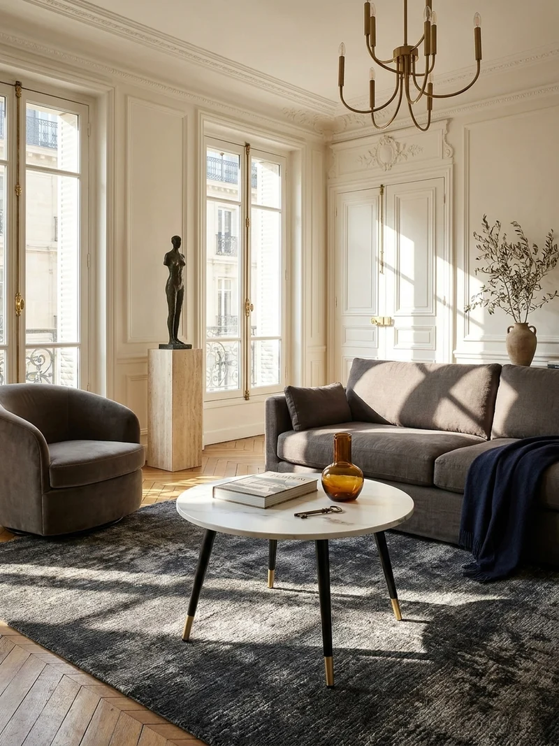 Couchtisch mit Marmor Optik, Modernes Design, Metall-Gestell, Runde Form