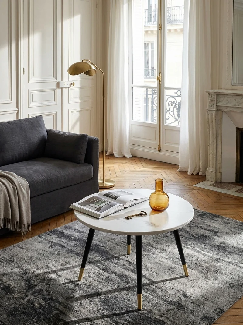 Couchtisch mit Marmor Optik, Modernes Design, Metall-Gestell, Runde Form