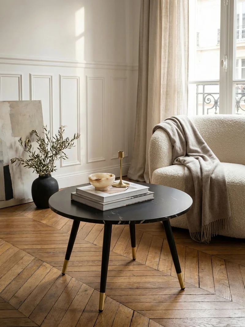 Couchtisch mit Marmor Optik, Modernes Design, Metall-Gestell, Runde Form
