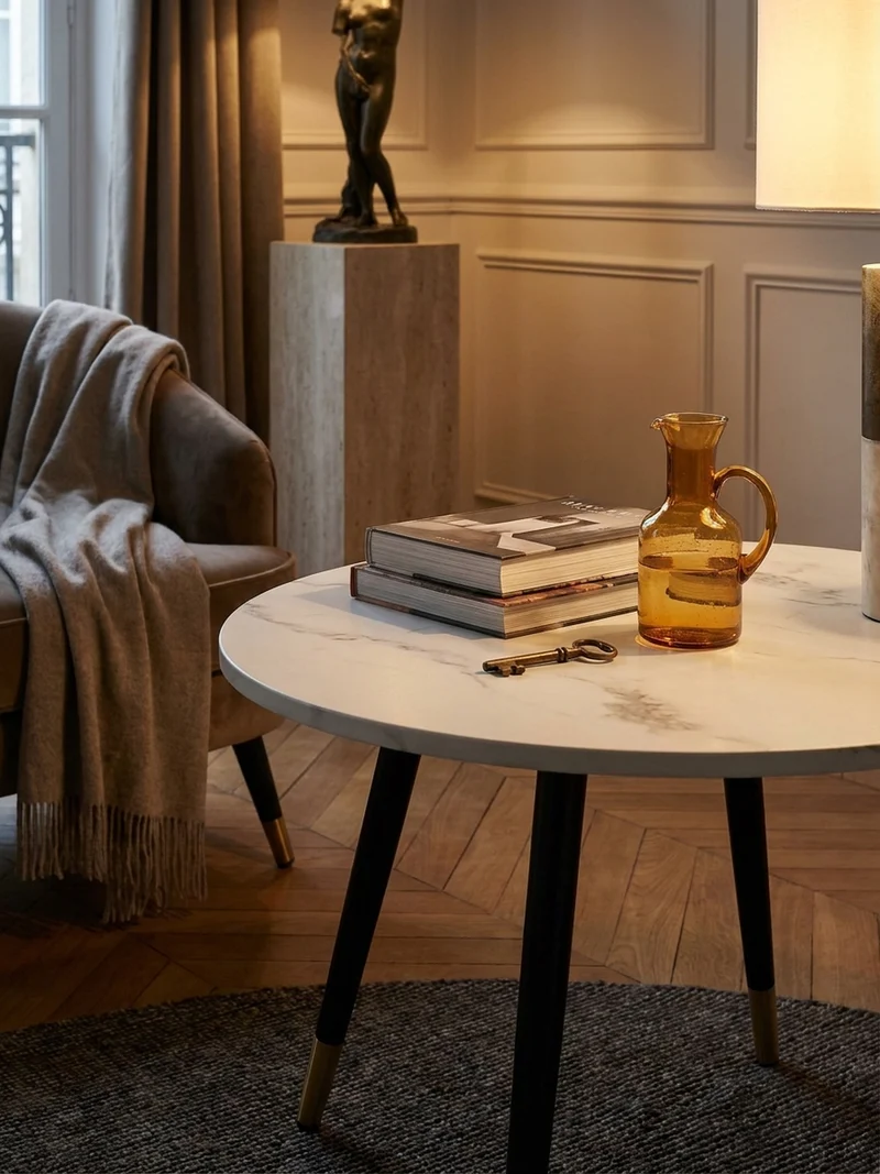Couchtisch mit Marmor Optik, Modernes Design, Metall-Gestell, Runde Form