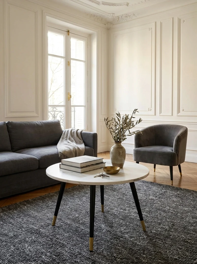 Couchtisch mit Marmor Optik, Modernes Design, Metall-Gestell, Runde Form