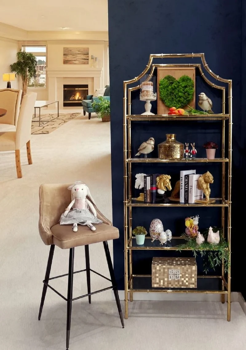 Casa Padrino Luxus Regalschrank Gold 78 x 33 x H. 197 cm - Edelstahl Schrank mit 5 Glasregalen - Luxus Wohnzimmer Möbel