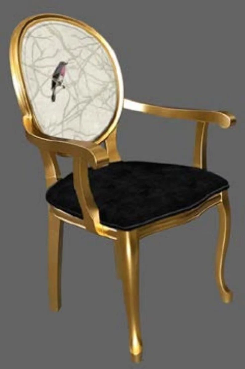 Casa Padrino Barock Esszimmerstuhl Schwarz / Mehrfarbig / Gold - Handgefertigter Antik Stil Stuhl mit Armlehnen - Esszimmer Möbel im Barockstil