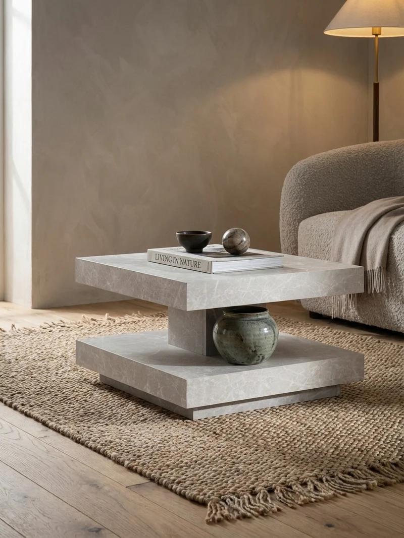 Couchtisch in Stein-Optik mit Stauraum, Modernes Design, Quadratisch