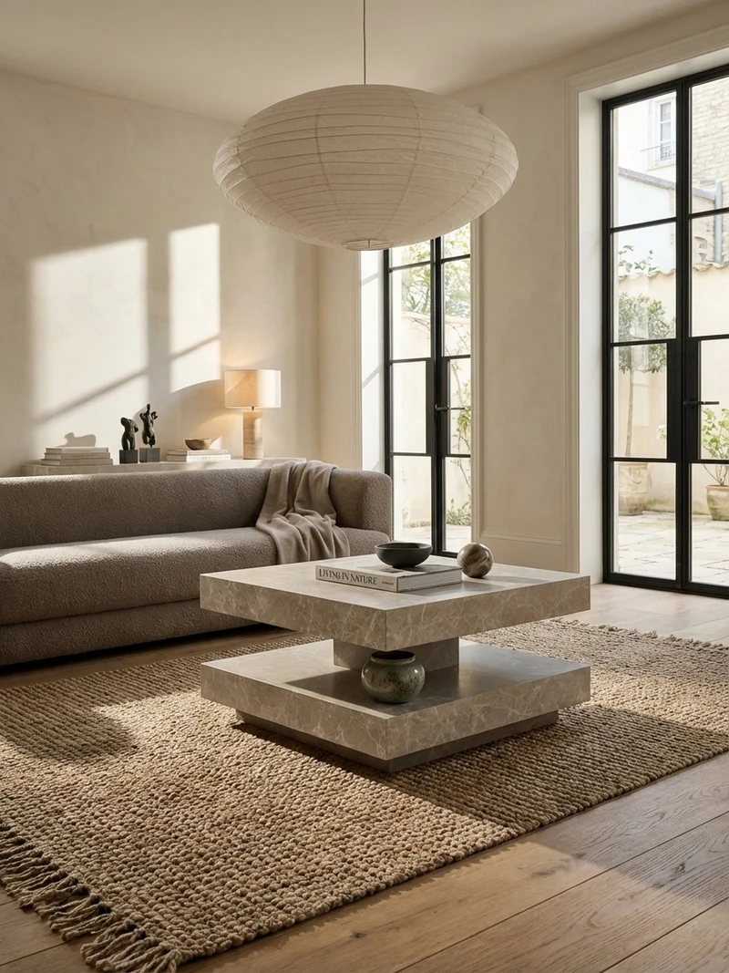 Couchtisch in Stein-Optik mit Stauraum, Modernes Design, Quadratisch