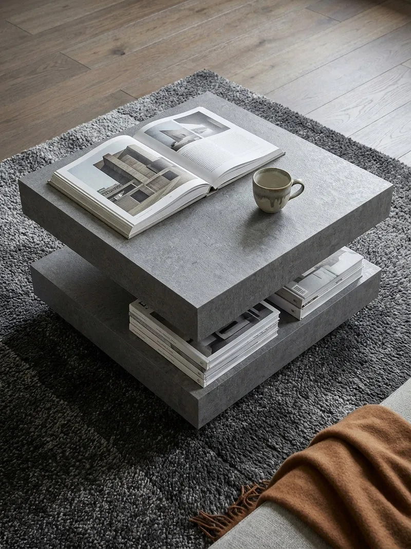 Couchtisch in Stein-Optik mit Stauraum, Modernes Design, Quadratisch