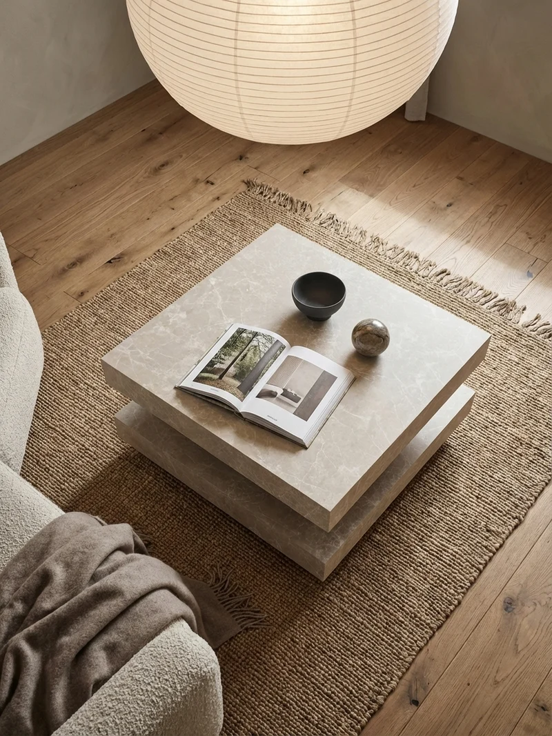 Couchtisch in Stein-Optik mit Stauraum, Modernes Design, Quadratisch