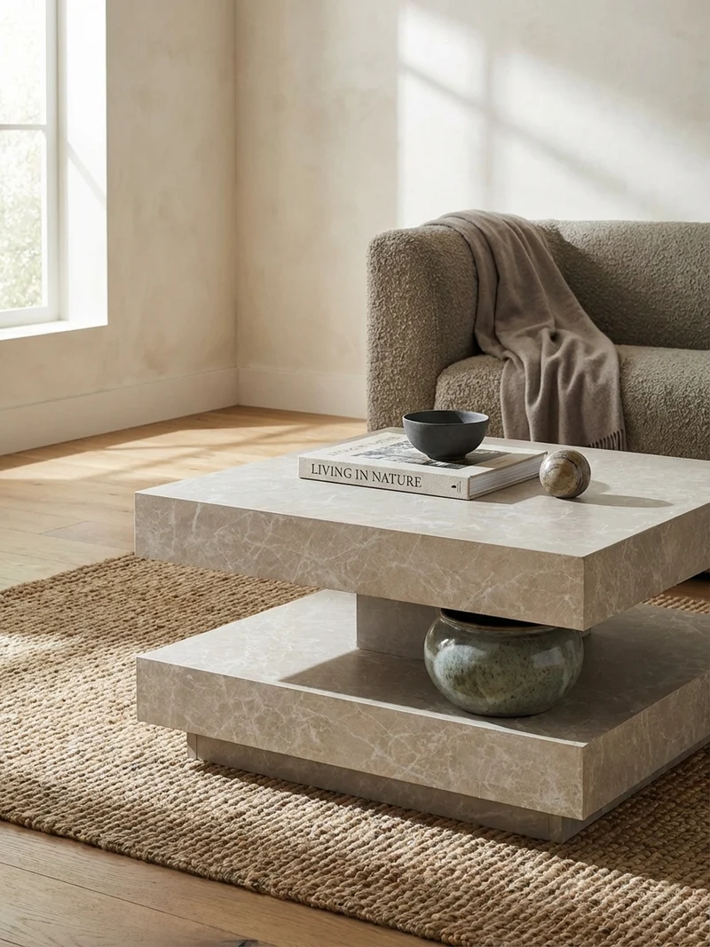 Couchtisch in Stein-Optik mit Stauraum, Modernes Design, Quadratisch