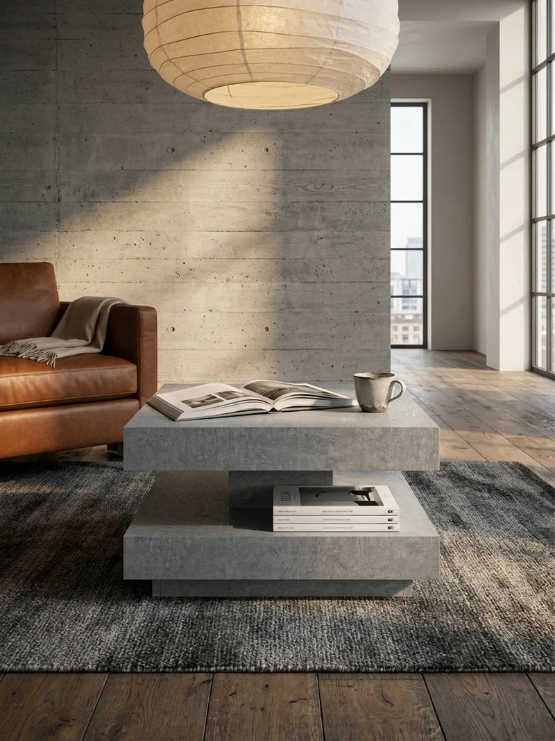 Couchtisch in Stein-Optik mit Stauraum, Modernes Design, Quadratisch
