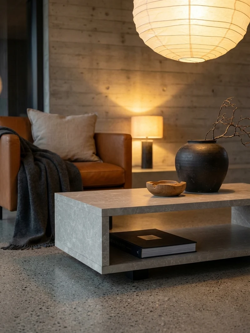 Couchtisch in Stein-Optik Modern mit Stauraum Rechteckig Schlicht