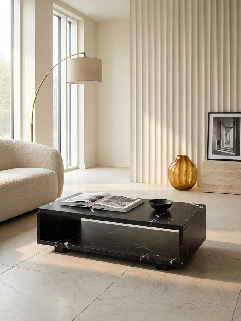 Couchtisch in Stein-Optik Modern mit Stauraum Rechteckig Schlicht