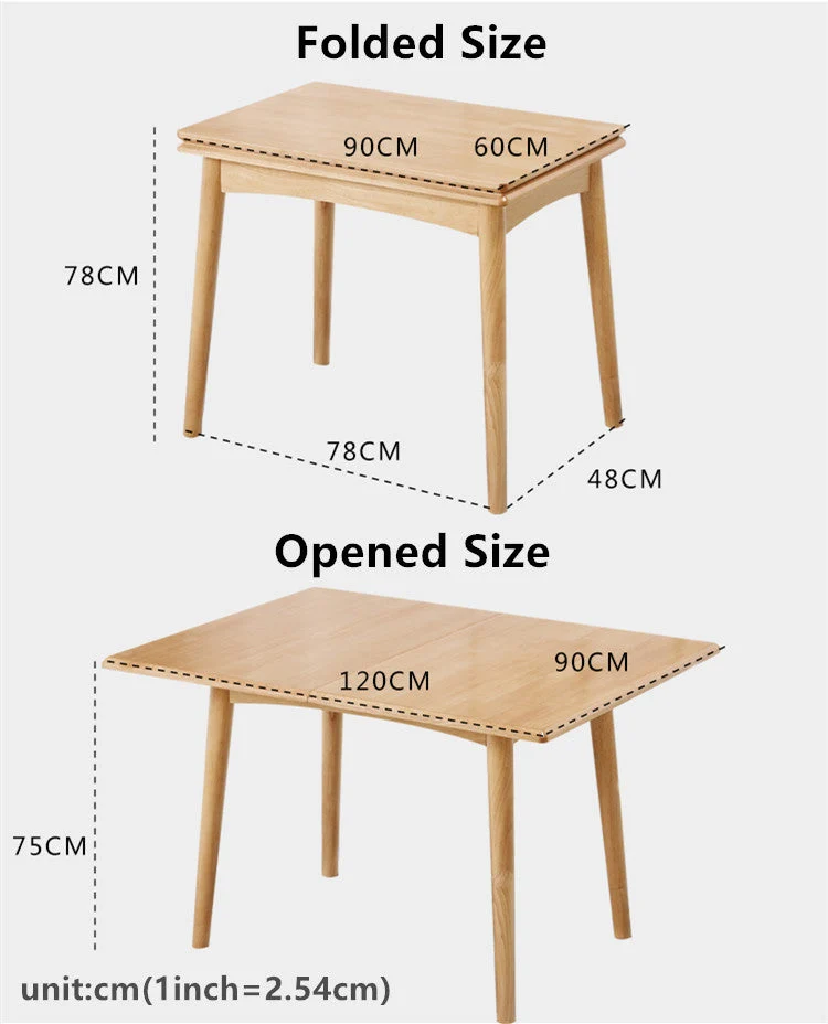 Platzsparendes Design, faltbarer und erweiterbarer Massivholztisch