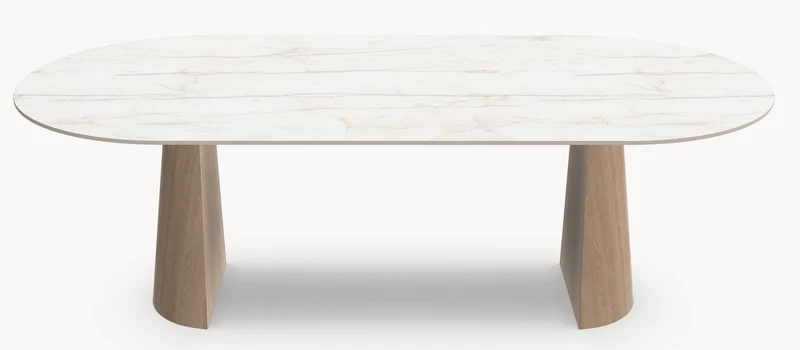Keramische eettafel Silver Root White- Plat Ovaal - 2 Half cones eiken - Japandi