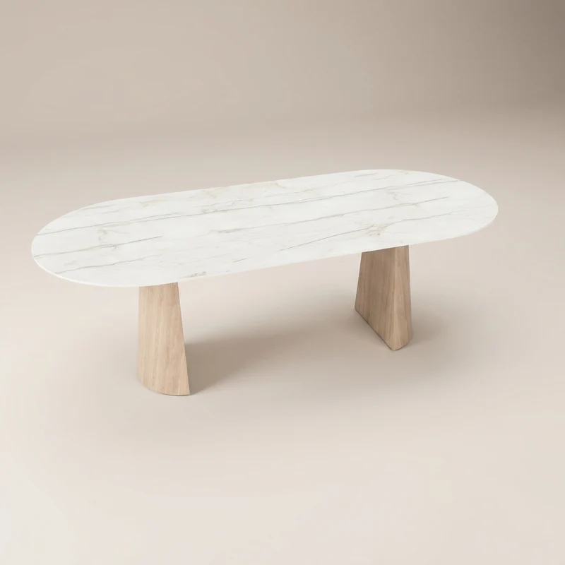 Keramische eettafel Silver Root White- Plat Ovaal - 2 Half cones eiken - Japandi