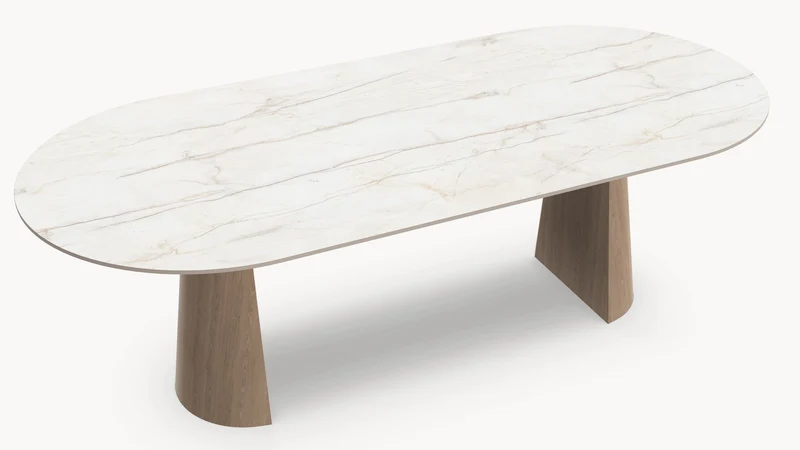 Keramische eettafel Silver Root White- Plat Ovaal - 2 Half cones eiken - Japandi