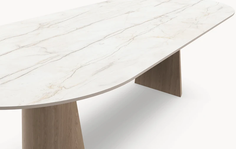 Keramische eettafel Silver Root White- Plat Ovaal - 2 Half cones eiken - Japandi