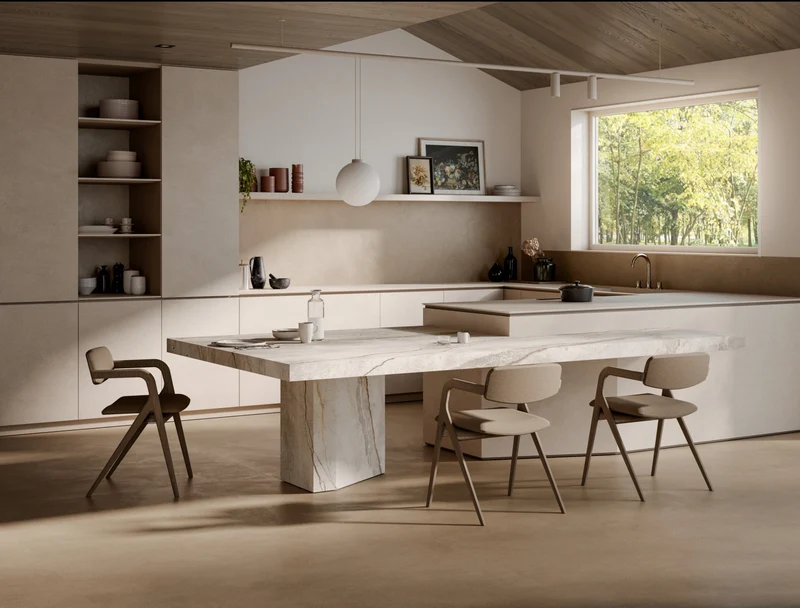 Keramische eettafel Silver Root White- Plat Ovaal - 2 Half cones eiken - Japandi