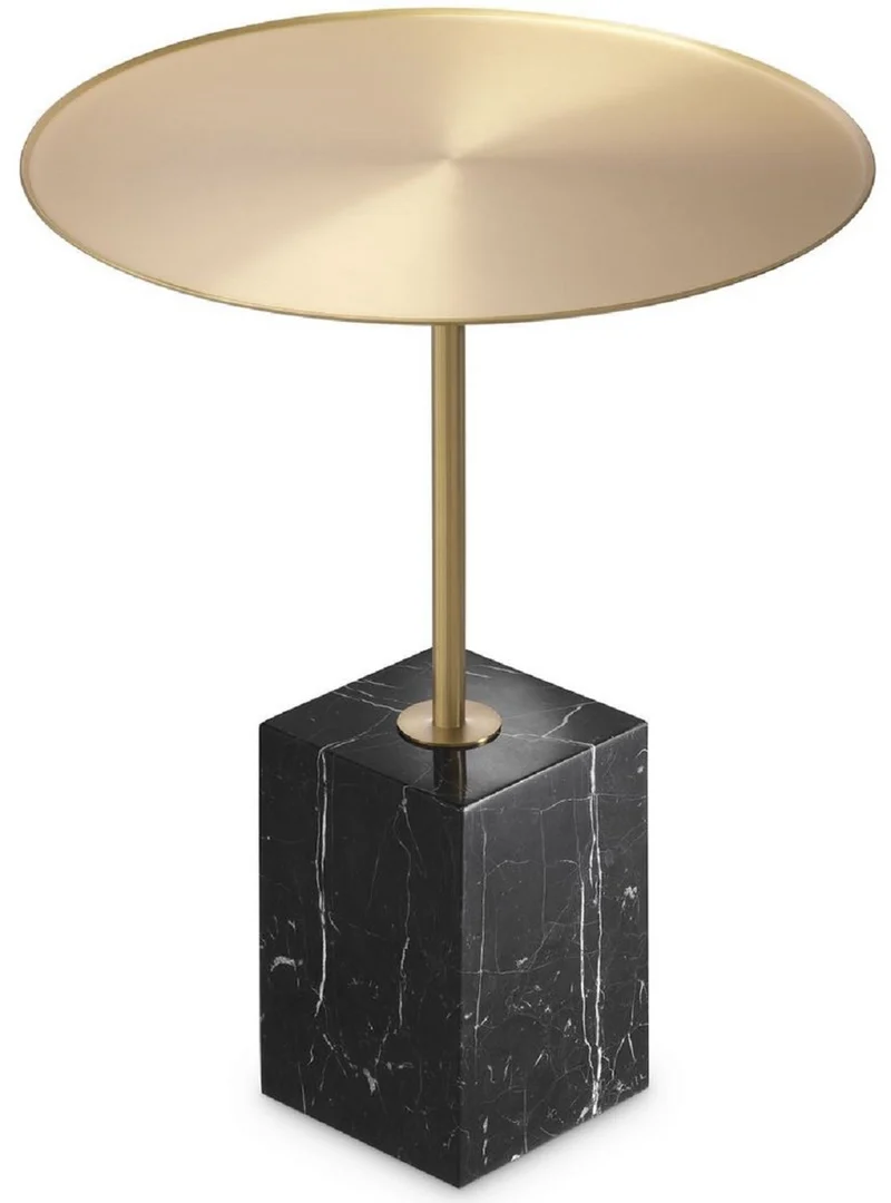 Casa Padrino Luxus Beistelltisch Messingfarben / Schwarz-Weiß Ø 45 x H. 62 cm - Runder Edelstahl Tisch mit Marmorsockel - Wohnzimmer Möbel - Hotel Möbel - Luxus Möbel