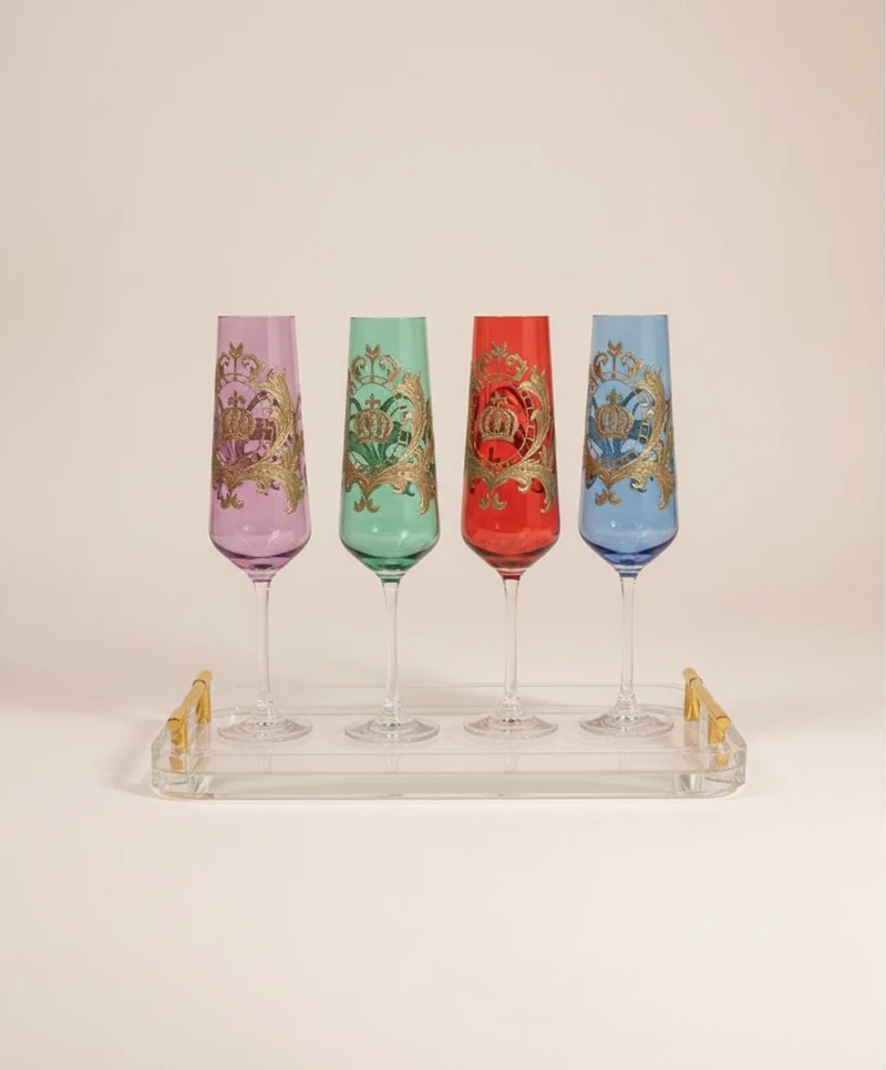 Pompöös by Casa Padrino Luxus Champagnerglas Set Bunt Ø 6 x H. 25 cm - Champagnergläser mit 24 Karat Vergoldung - Pompööse Gläser designed by Harald Glööckler