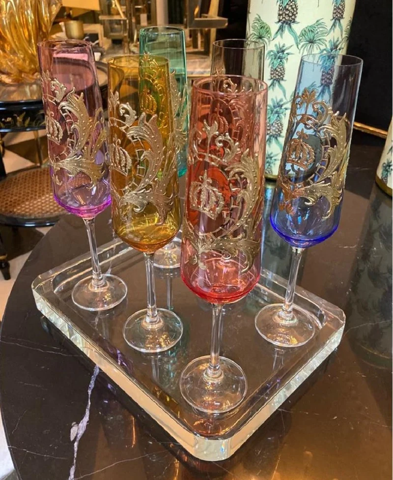 Pompöös by Casa Padrino Luxus Champagnerglas Set Bunt Ø 6 x H. 25 cm - Champagnergläser mit 24 Karat Vergoldung - Pompööse Gläser designed by Harald Glööckler