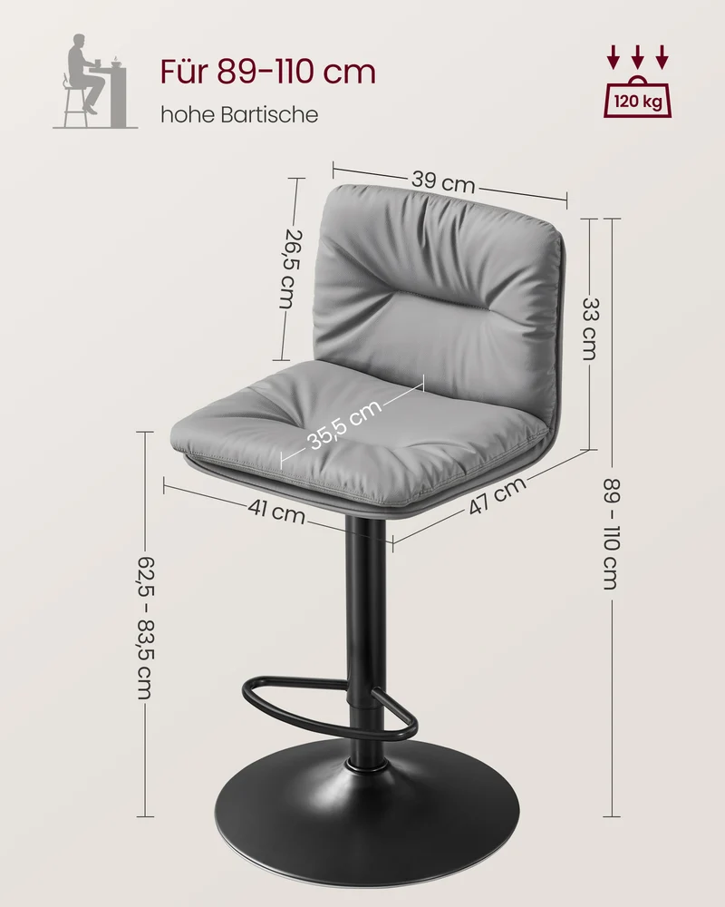 Set mit 2 Barhockern – Verstellbar – 360° drehbar – Kunstleder mit Rücken- und Fußstütze