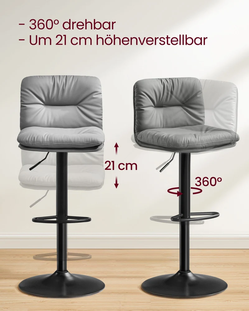 Set mit 2 Barhockern – Verstellbar – 360° drehbar – Kunstleder mit Rücken- und Fußstütze