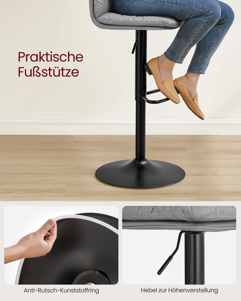 Set mit 2 Barhockern – Verstellbar – 360° drehbar – Kunstleder mit Rücken- und Fußstütze