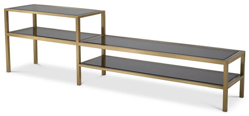 Casa Padrino Luxus TV Schrank Messingfarben / Grau 230 x 45,5 x H. 65 cm - Edelstahl Sideboard mit getönten Glasplatten - Luxus Wohnzimmer Möbel