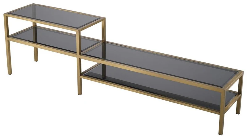 Casa Padrino Luxus TV Schrank Messingfarben / Grau 230 x 45,5 x H. 65 cm - Edelstahl Sideboard mit getönten Glasplatten - Luxus Wohnzimmer Möbel
