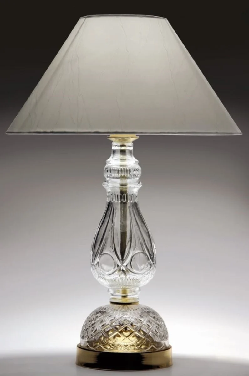 Casa Padrino Luxus Barock Kristall Tischleuchte Gold / Grau Ø 35 x H. 50 cm - Elegante Tischlampe mit Böhmischem Kristallglas und Lampenschirm - Barock Kristall Tischleuchten
