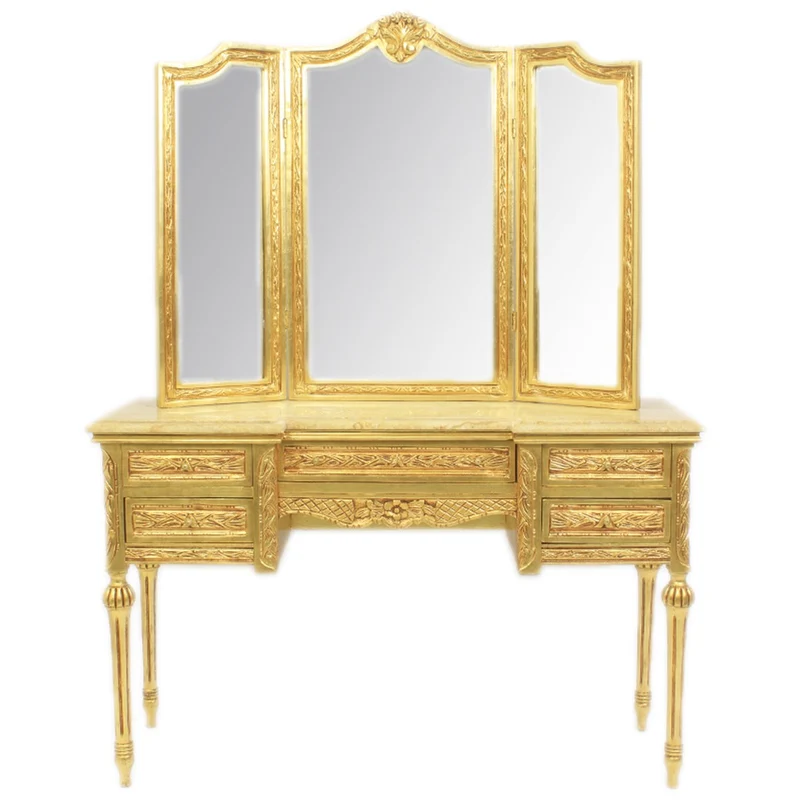Casa Padrino Barock Schmink Konsole mit Spiegel Gold 120 x 40 x H155 cm - Schlafzimmer Spiegelkonsole mit Schubladen
