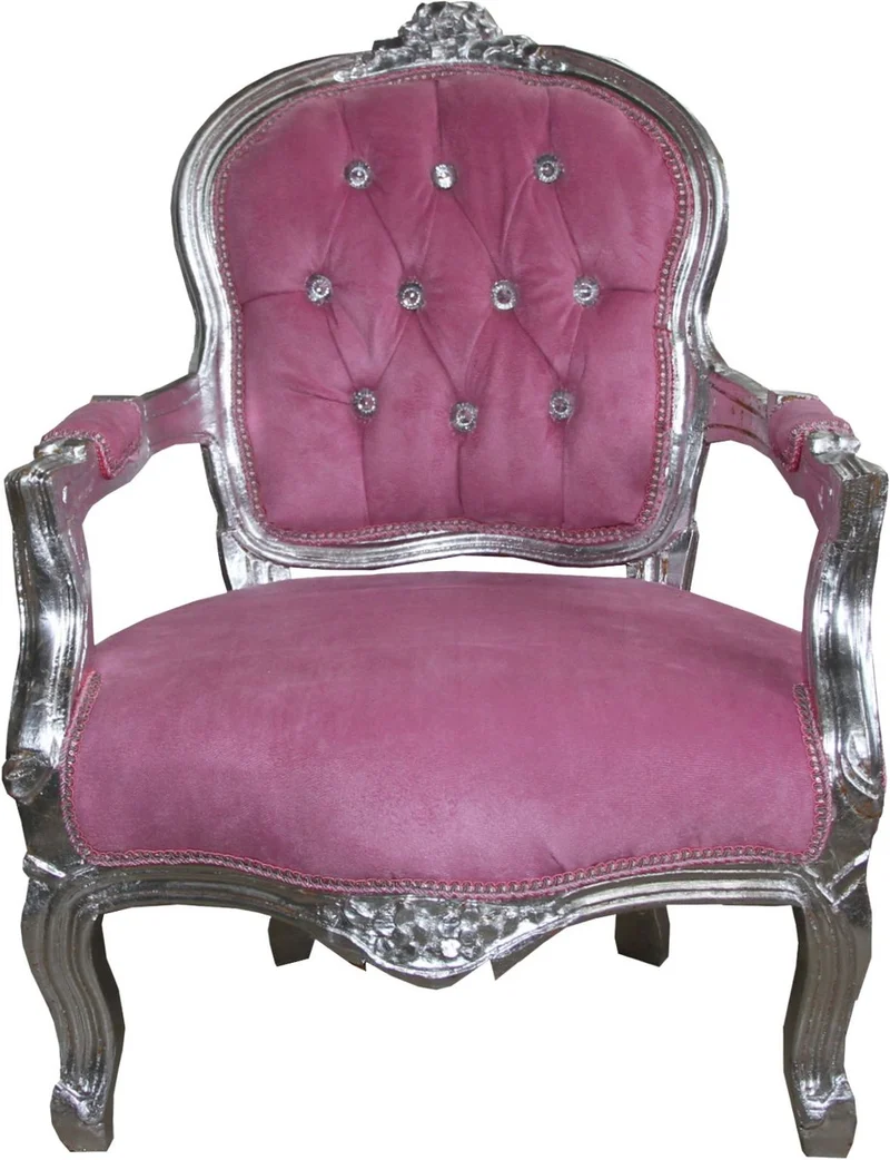 Casa Padrino Barock Kinderstuhl im Antik Stil, Rosa und Silber mit Glitzersteinen, 71 x 51 x 34 cm