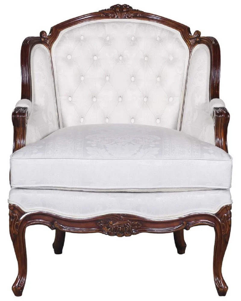 Casa Padrino Luxus Barock Sessel mit elegantem Muster Weiß / Dunkelbraun - Wohnzimmer Sessel im Barockstil - Barock Wohnzimmer Möbel - Edel & Prunkvoll