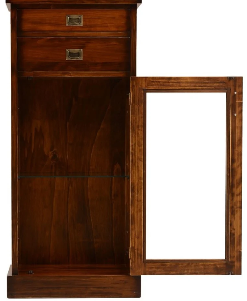 Casa Padrino Luxus Vintage Stil Vitrine Braun / Messing 58,5 x 37 x H. 137 cm - Massivholz Vitrinenschrank mit 2 Schubladen und Tür - Massivholz Möbel - Vintage Stil Möbel - Luxus Möbel