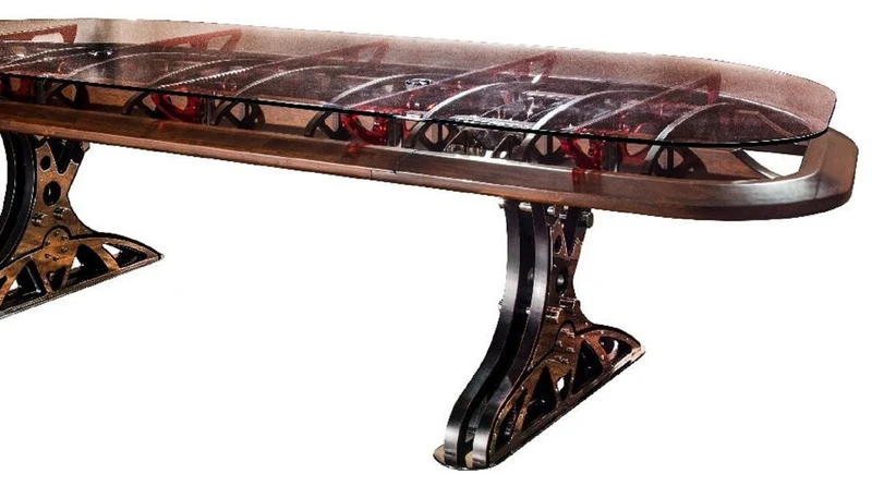 Casa Padrino Luxus Industrie Stil Schreibtisch mit Glasplatte Silber / Braun / Rot 333 x 125 x H. 78,5 cm - Industrie Stil Bürotisch - Industrie Stil Büro Möbel - Luxus Industrie Stil Möbel