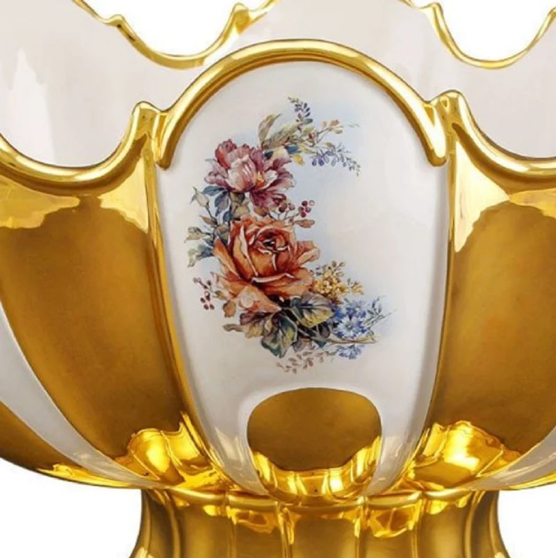 Casa Padrino Barock Schüssel mit Blumen Design Gold / Weiß / Mehrfarbig 52 x 42 x H. 32 cm - Prunkvolle handgefertigte & von Hand bemalte Keramik Schüssel veredelt mit 24 Karat Gold