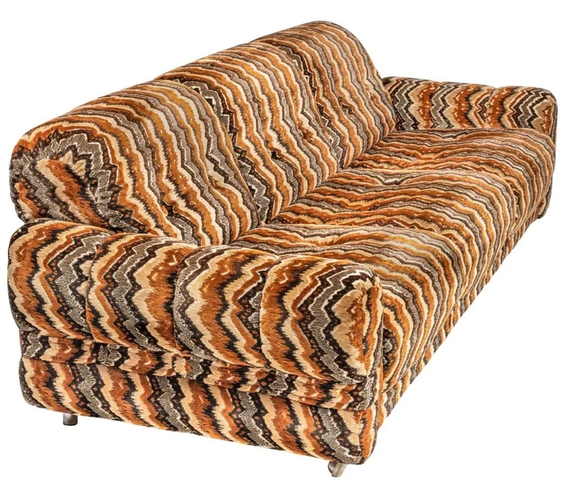 Casa Padrino Luxus 70er Jahre Design Sofa Beige / Braun / Schwarz 228 x 93 x H. 70 cm - Retro Wohnzimmer Sofa mit Rollen - 70er Jahre Design Wohnzimmer Möbel
