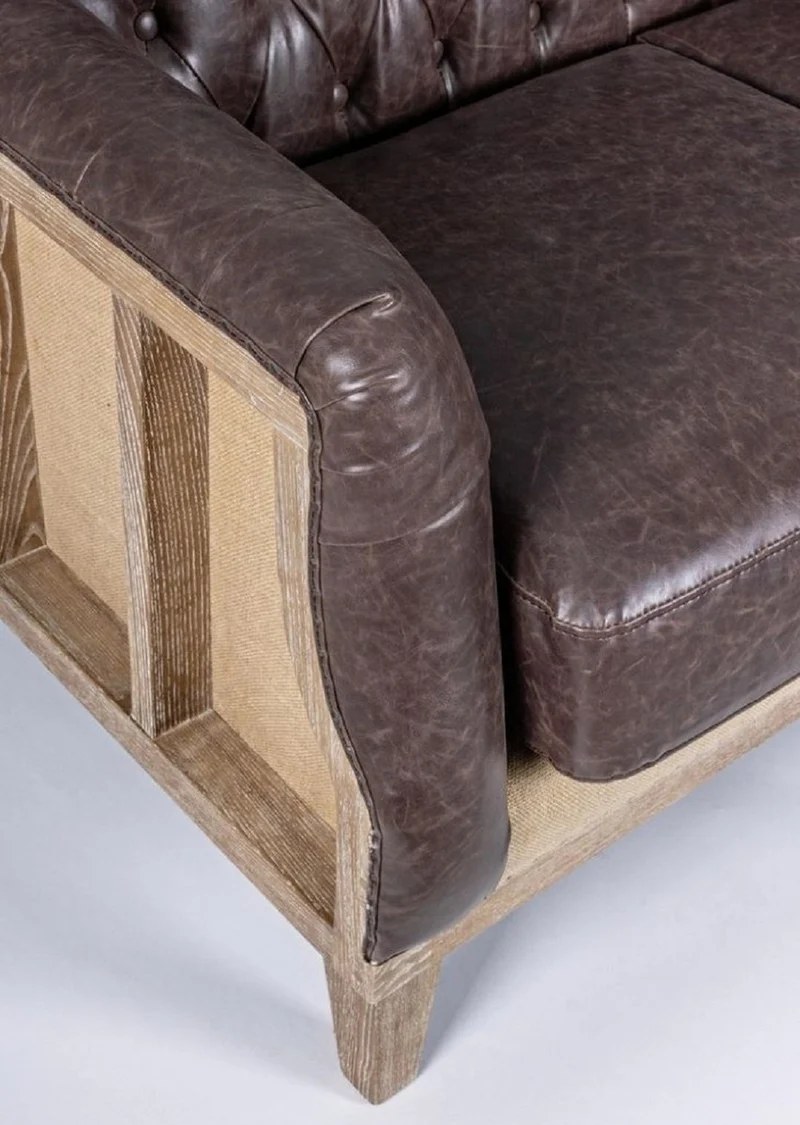 Casa Padrino Luxus Chesterfield Kunstleder Sofa Dunkelbraun / Naturfarben 194,5 x 85 x H. 85 cm - Wohnzimmer Sofa - Wohnzimmer Möbel - Chesterfield Möbel - Luxus Möbel - Luxus Einrichtung
