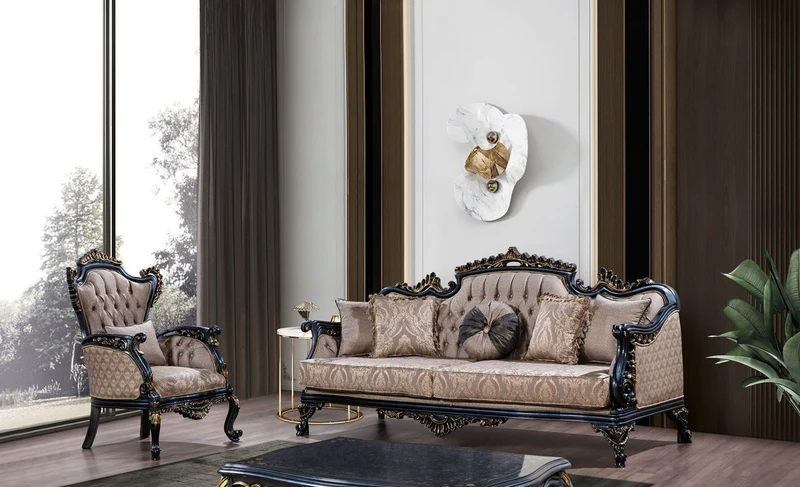 Casa Padrino Luxus Barock Sofa Grau / Blau / Gold - Barockstil Wohnzimmer Sofa mit elegantem Muster - Luxus Wohnzimmer Möbel im Barockstil - Barock Möbel - Barock Einrichtung