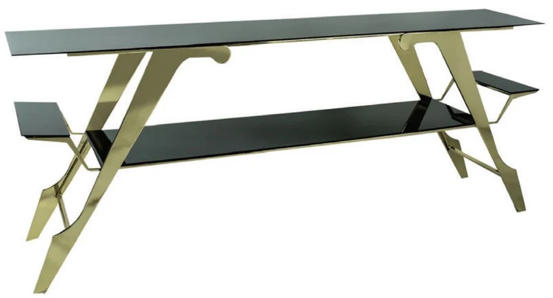 Casa Padrino Luxus Konsole Gold / Schwarz 192 x 41 x H. 81 cm - Rechteckiger Konsolentisch mit Glasplatten - Luxus Möbel - Wohnzimmer Möbel - Luxus Einrichtung - Wohnzimmer Einrichtung
