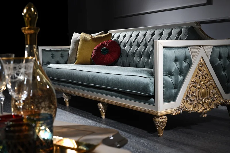 Casa Padrino Luxus Barock Sofa Türkis / Weiß / Gold 256 x 89 x H. 90 cm - Prunkvolles Chesterfield Wohnzimmer Sofa im Barockstil