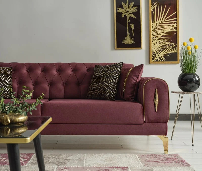 Casa Padrino Luxus Schlafsofa Weinrot / Gold 225 x 95 x H. 83 cm - Wohnzimmer Sofa mit 4 Kissen - Luxus Wohnzimmer Möbel