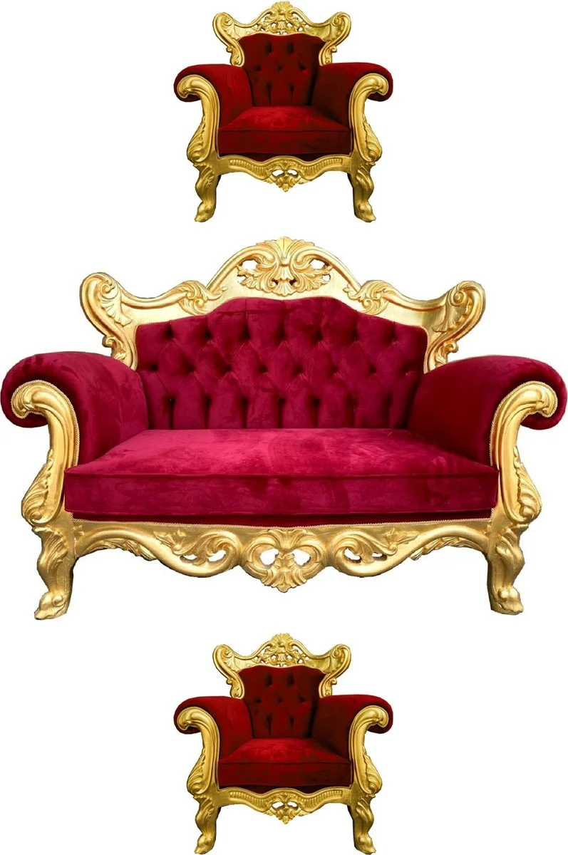 Casa Padrino Luxus Barock Wohnzimmer Set Bordeauxrot / Gold - 1 Barock Sofa & 2 Barock Sessel - Wohnzimmer Möbel im Barockstil - Edel & Prunkvoll